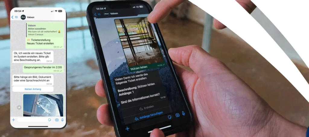Digitale Erfassung von Baustelleninformationen mit Valoon über eine Messenger-App.