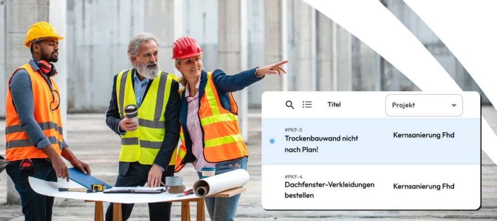 Baustellenbesprechung mit digitalen Aufgaben in der Valoon-Software für bessere Berichterstellung.