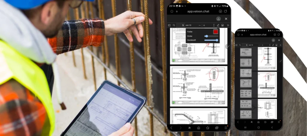 Bauarbeiter überprüft auf Tablet Projektinformationen und technische Zeichnungen.