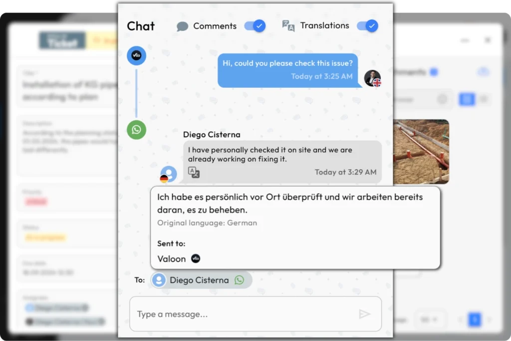 Chat-Kommunikation mit Live-Übersetzung in Valoon zwischen Baustellenmitarbeiter und Projektmanager