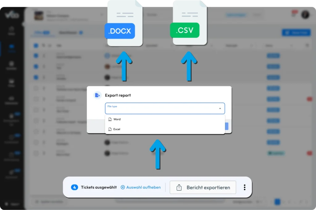 Berichtsexport-Funktion von Valoon zur Konvertierung von Daten in Word- oder Excel-Dateien.