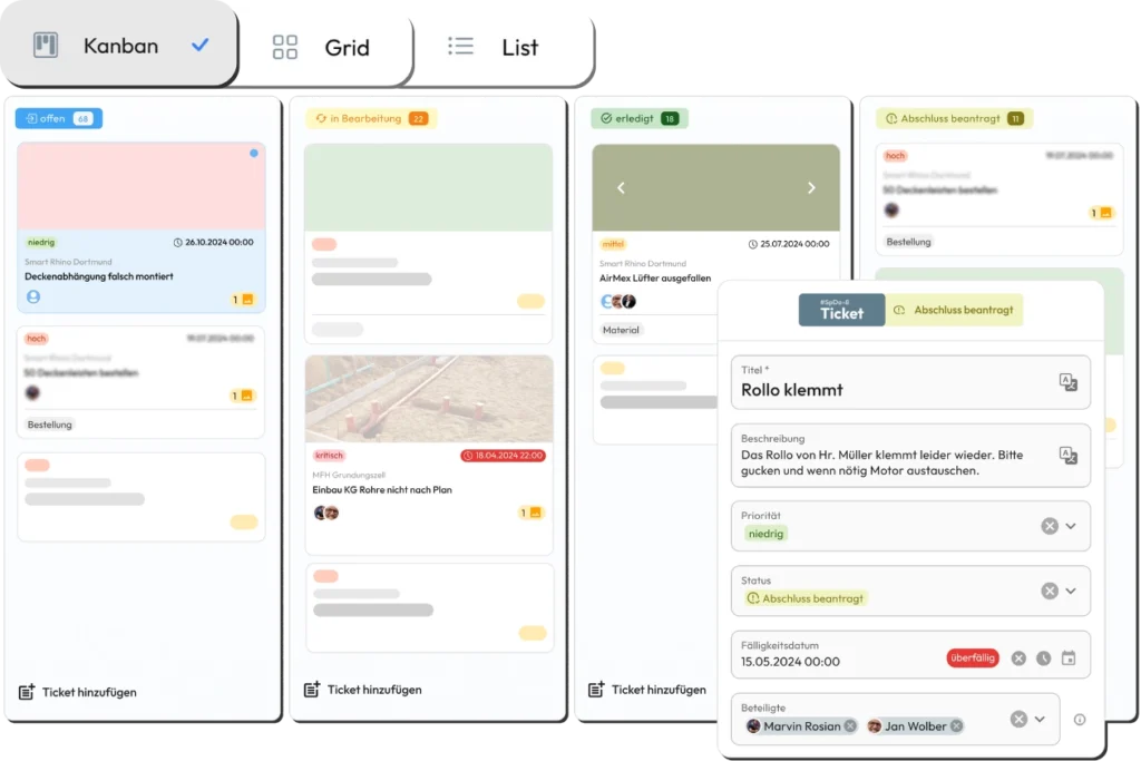 Valoon Kanban Aufgabenmanagement-System mit Tickets in verschiedenen Status für Bauprojekte