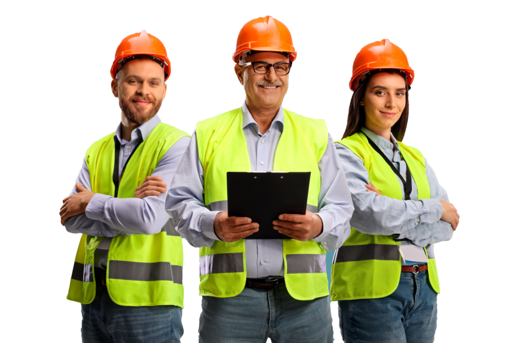 Ein Bauleiter und zwei Bauarbeiter stehen gemeinsam auf einer Baustelle und lächeln in die Kamera.