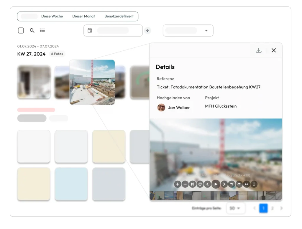 Benutzeroberfläche eines Baustellendokumentationssystems mit einer Fotodokumentation für KW 27 in Valoon.