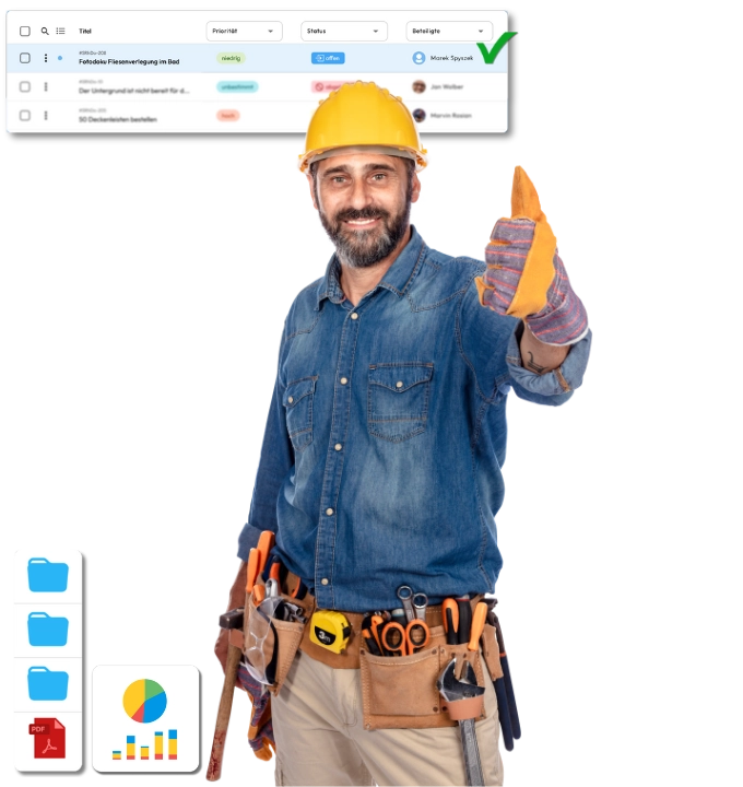 Handwerker mit Helm und Werkzeugen zeigt Daumen hoch, unterstützt durch digitale Aufgabenverwaltung.