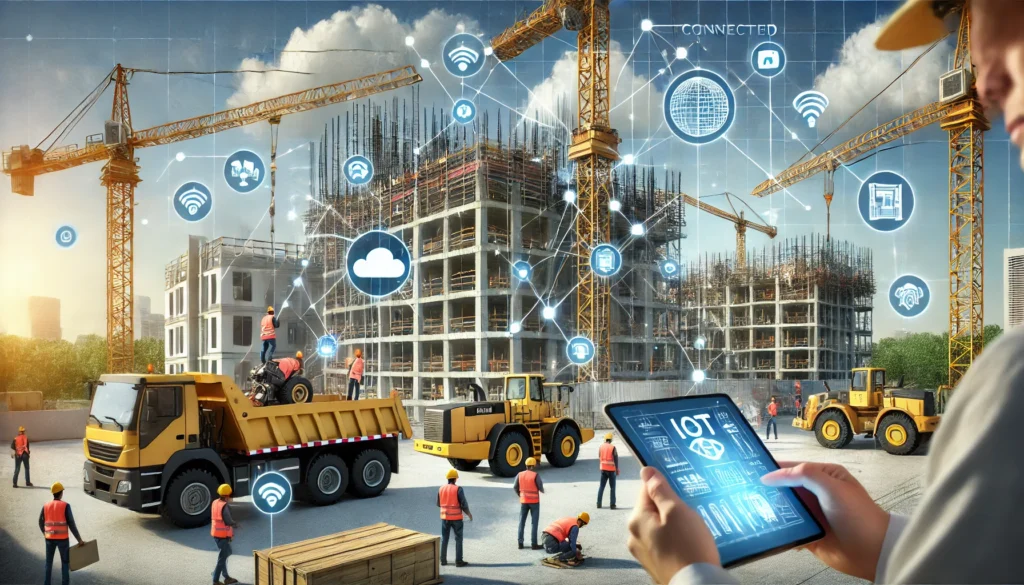 Moderne Baustelle mit vernetzter Technologie, IoT-Lösungen und Bauarbeitern, die digitale Tools wie Tablets verwenden. Darstellung der Digitalisierung im Baugewerbe, Effizienzsteigerung durch Baumanagement Software und Einsatz von automatisierter Dokumentation sowie Bauprojekt Reporting Tools. Fokus auf Echtzeit-Kommunikation, Bildkategorisierung, Anomalieerkennung und Smart Infrastructure zur Prozessoptimierung im Bauwesen.