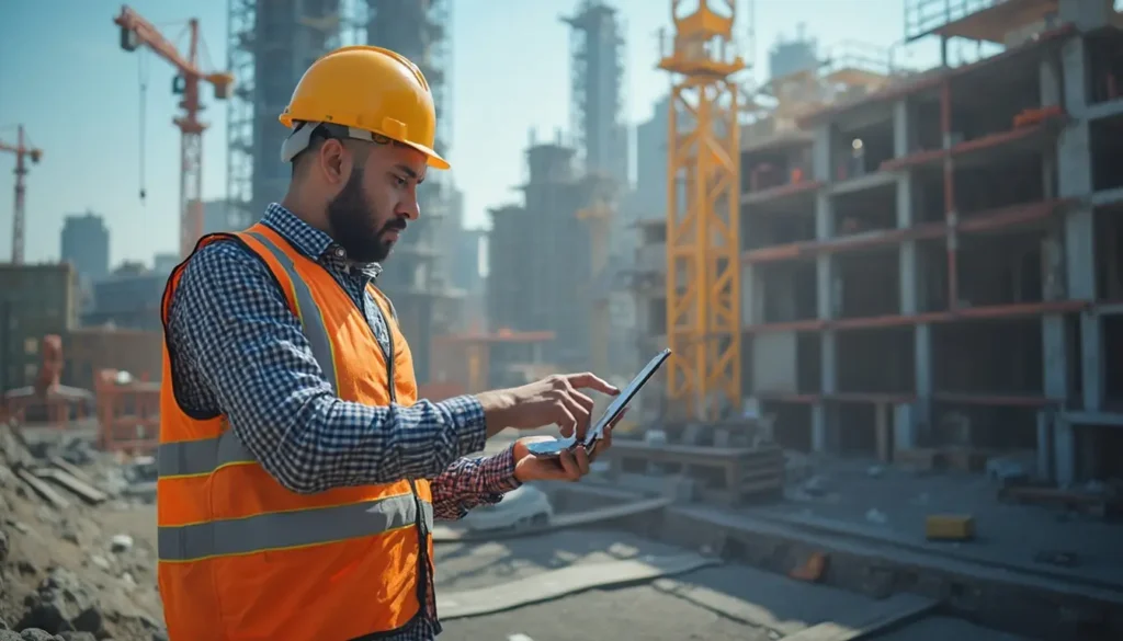 Trabajadores de la construcción utilizando una aplicación para obra en el sitio, mejorando la comunicación y optimizando la gestión del proyecto.