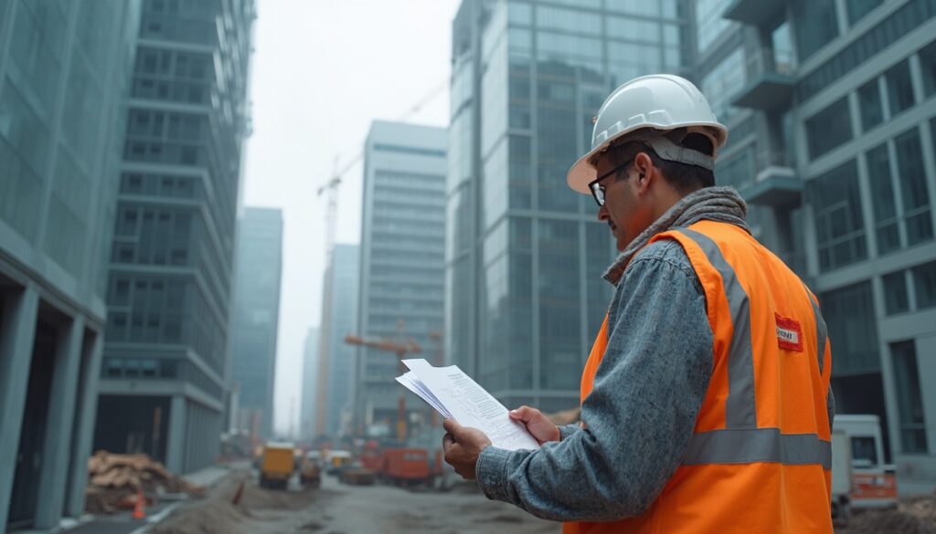 Bauarbeiter und Bauleiter auf einer Baustelle, die proaktives Risk Management betreiben, um unvorhergesehene Probleme zu verhindern. Einsatz von Technologien und Kommunikation zur Risikominimierung und Verbesserung der Projektabwicklung.