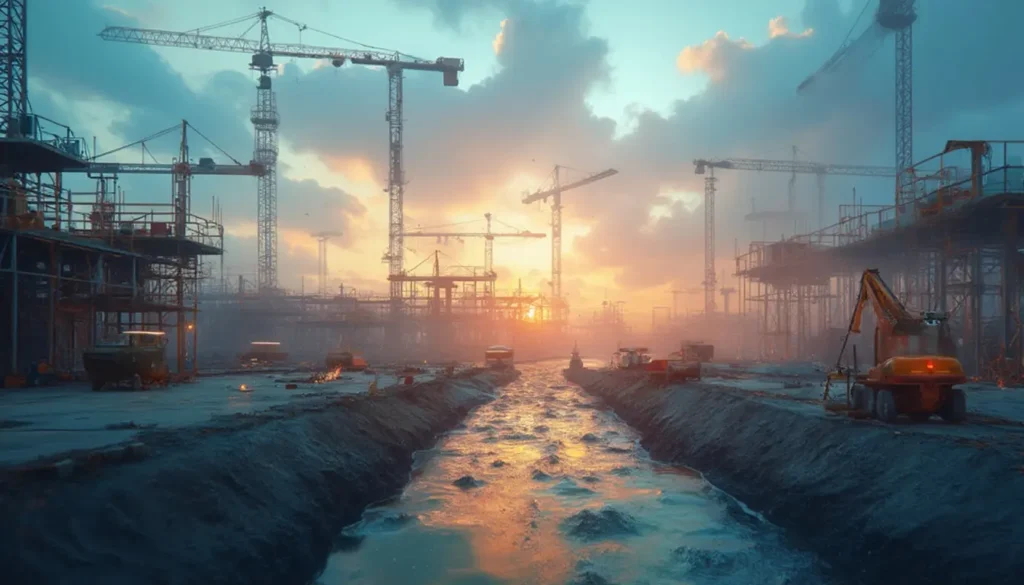 Equipos de construcción planificando estrategias de gestión de riesgos proactiva para evitar problemas inesperados en el proyecto.