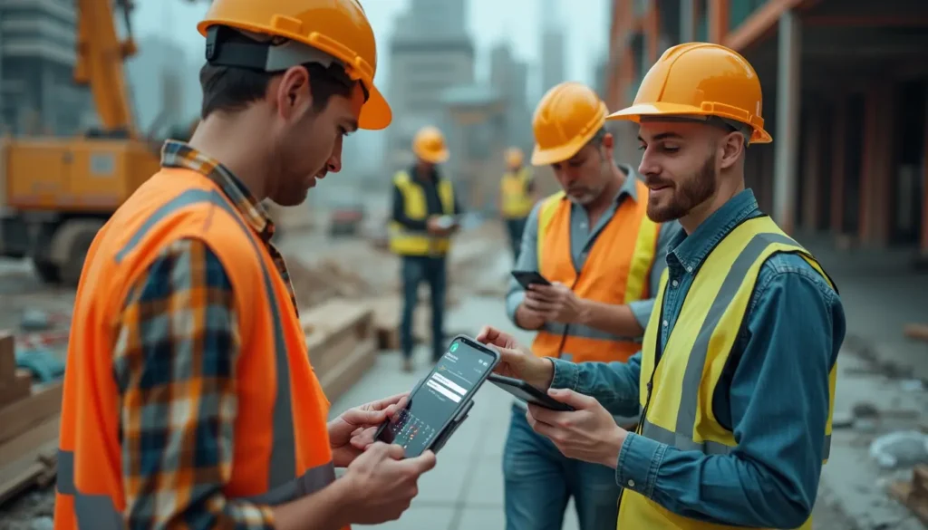 Ein Bauarbeiter mit Helm verwendet digitale Zeiterfassung über WhatsApp auf dem Smartphone, während im Hintergrund Kollegen auf einer Baustelle arbeiten.