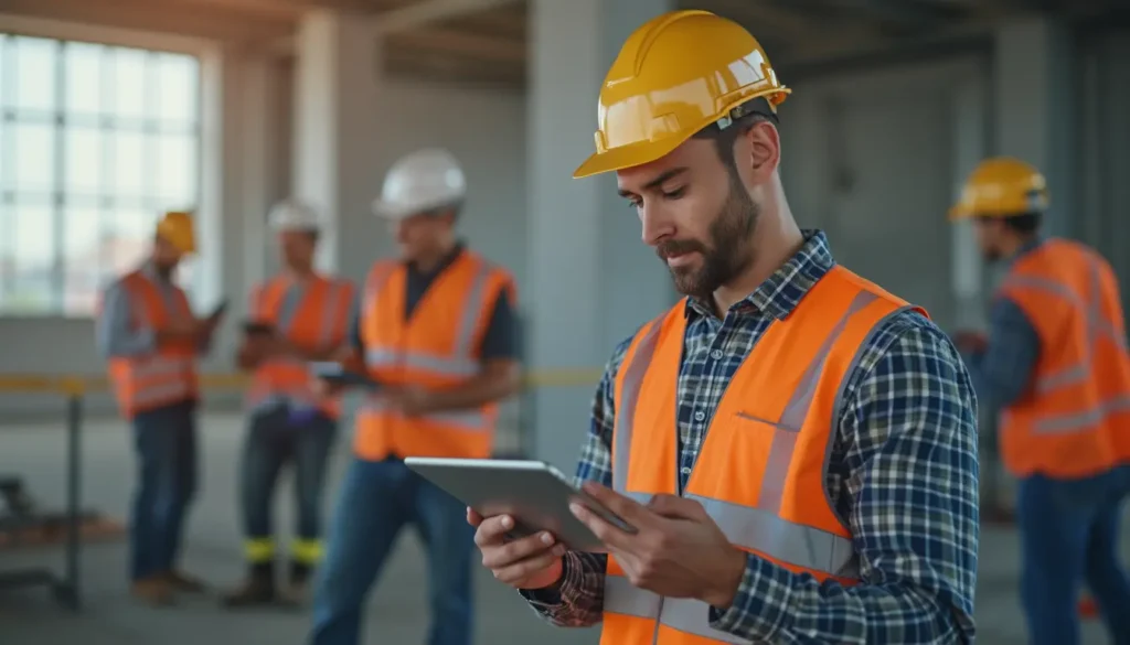 Bauarbeiter auf der Baustelle nutzen ein Smartphone, um ihre Arbeitsstunden in einen digitalen Stundenzettel einzugeben. Ein digitaler Stundenzettel optimiert die Zeiterfassung und reduziert den Papieraufwand.