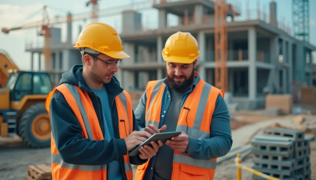 Digitale Zeiterfassung im Baugewerbe: Bauarbeiter nutzen Tablets, um Arbeitszeiten auf der Baustelle zu erfassen.