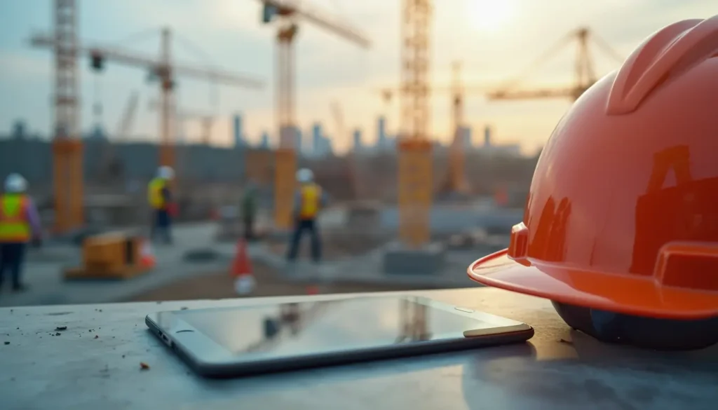 Zeiterfassung im Handwerk: Bauarbeiterhelm und Tablet mit digitaler Zeiterfassungs-App auf einem Tisch, im Hintergrund eine Baustelle mit aktiven Mitarbeitern.