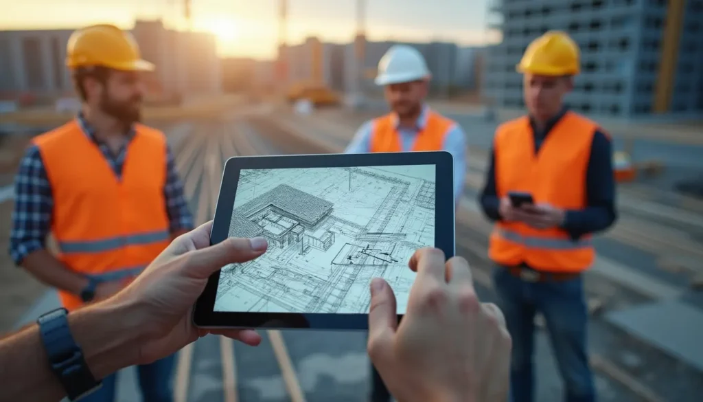 Bauarbeiter auf der Baustelle nutzen Baustellen Apps zur Optimierung der Planung und Fortschritts des Bauprojektes
