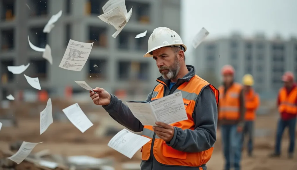 Ein Bauarbeiter hält Papierdokumente in der Hand und lässt diese los, symbolisiert den Umschwung zu einer digitale Baudokumentation