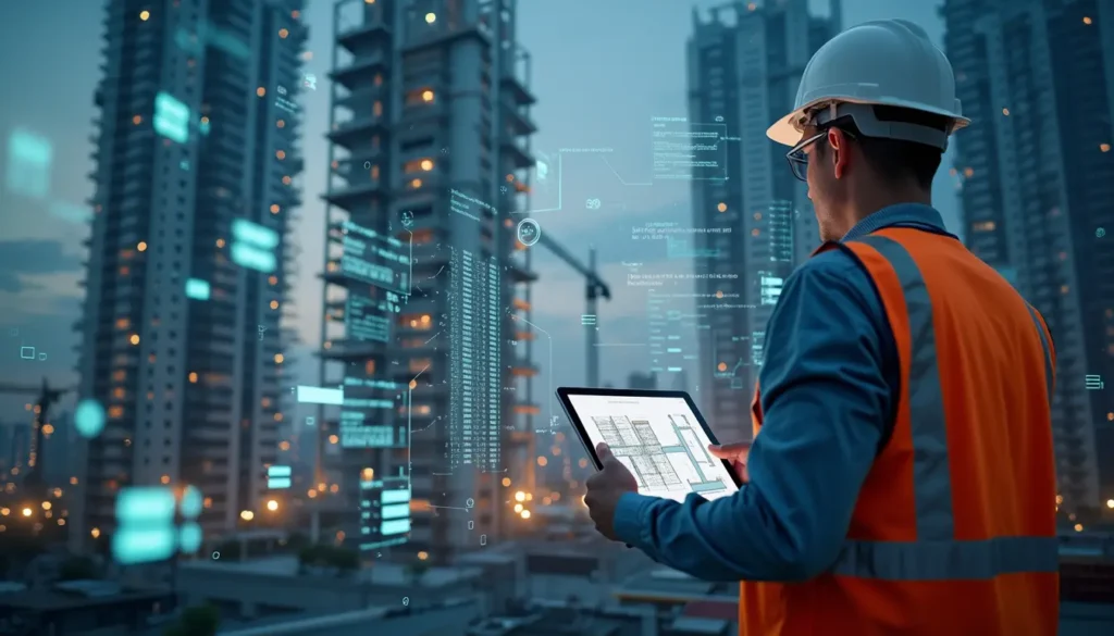 Das Bild zeigt eine moderne Baustelle, welche die Digitalisierung im Bauwesen symbolisiert. Ein Bauarbeiter hält ein Tablet in der Hand um sich die Pläne des Projektes anzuschauen.