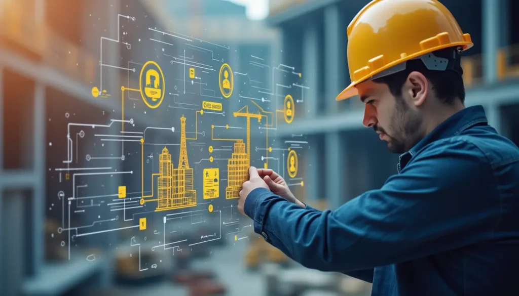 A digital interface displaying AI-driven project management tools, representing the role of lean communication in enhancing efficiency and continuous improvement in the construction industry.