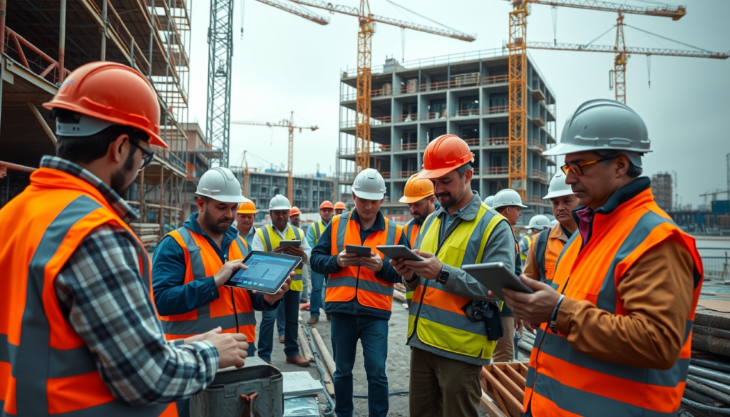 Bauarbeiter auf einer modernen Baustelle nutzen Tablets und digitale Tools, um Aufgaben zu verwalten. Die Szene symbolisiert die Bewältigung des Fachkräftemangels und steigender Anforderungen durch digitale Lösungen wie Valoon