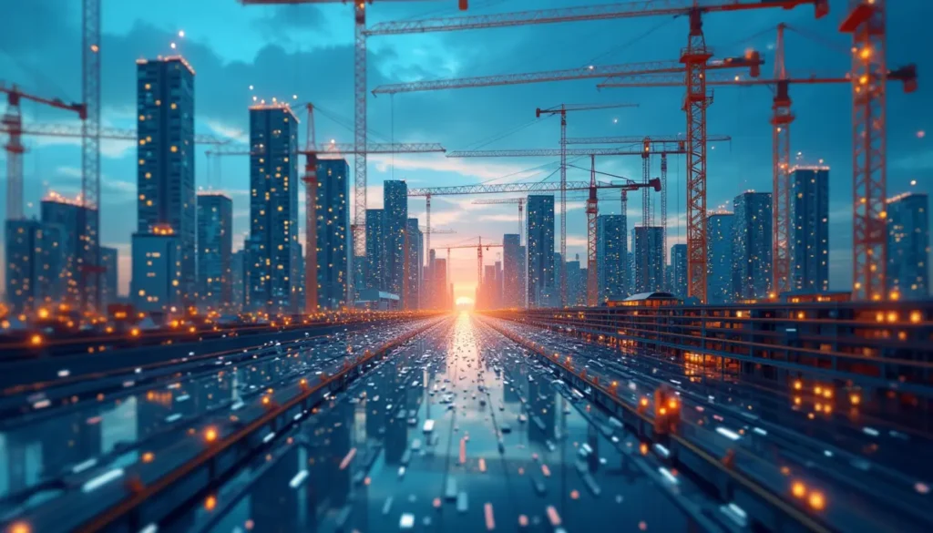 A construction site with modern cranes, symbolizing the growth and economic impact of the construction industry. The sector continues to expand despite challenges, with significant revenue projections for the future.