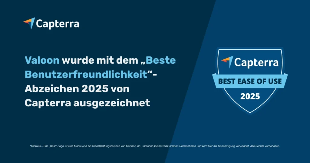 DE: Valoon erhält 2025 das Capterra-Abzeichen für beste Benutzerfreundlichkeit ES: Valoon recibe en 2025 la insignia de Capterra por la mejor facilidad de uso en comunicación en equipo