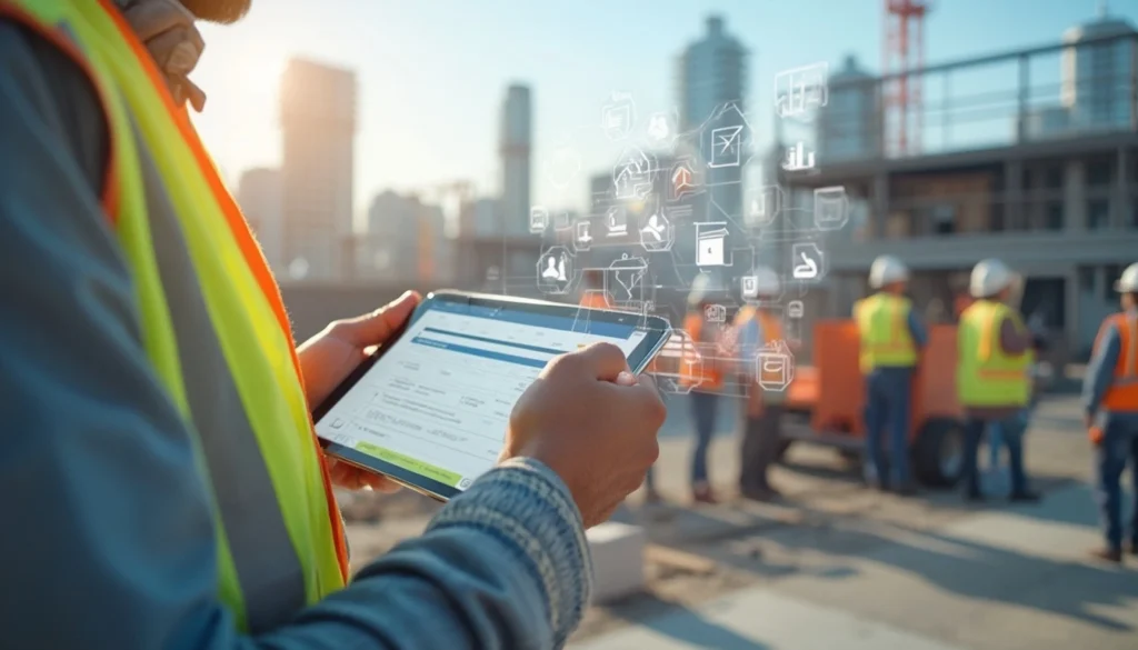 Bauarbeiter nutzen digitale Tools wie Tablets und Smartphones auf der Baustelle – ein Beispiel für den Baustellen-Apps Trend 2025 in der Praxis.
