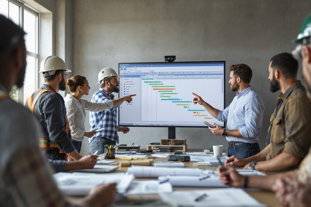 Gantt Chart zur Planung eines Bauprojekts mit Aufgabenabhängigkeiten