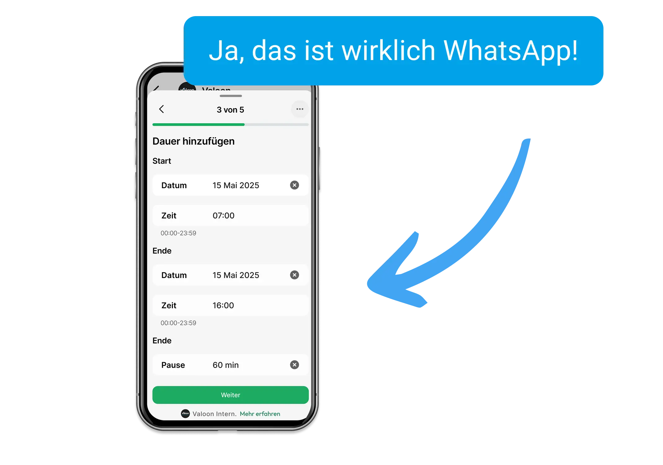 Zeiterfassungsmaske in WhatsApp-Interface zur Eingabe von Arbeitszeiten mit Valoon