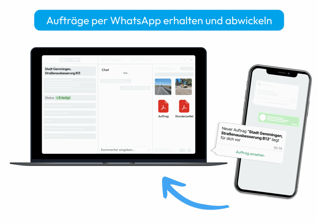 Laptop- und Smartphoneansicht mit digitalem Auftragsmanagement über Valoon, Auftrag und Stundenzettel direkt per WhatsApp empfangen.
