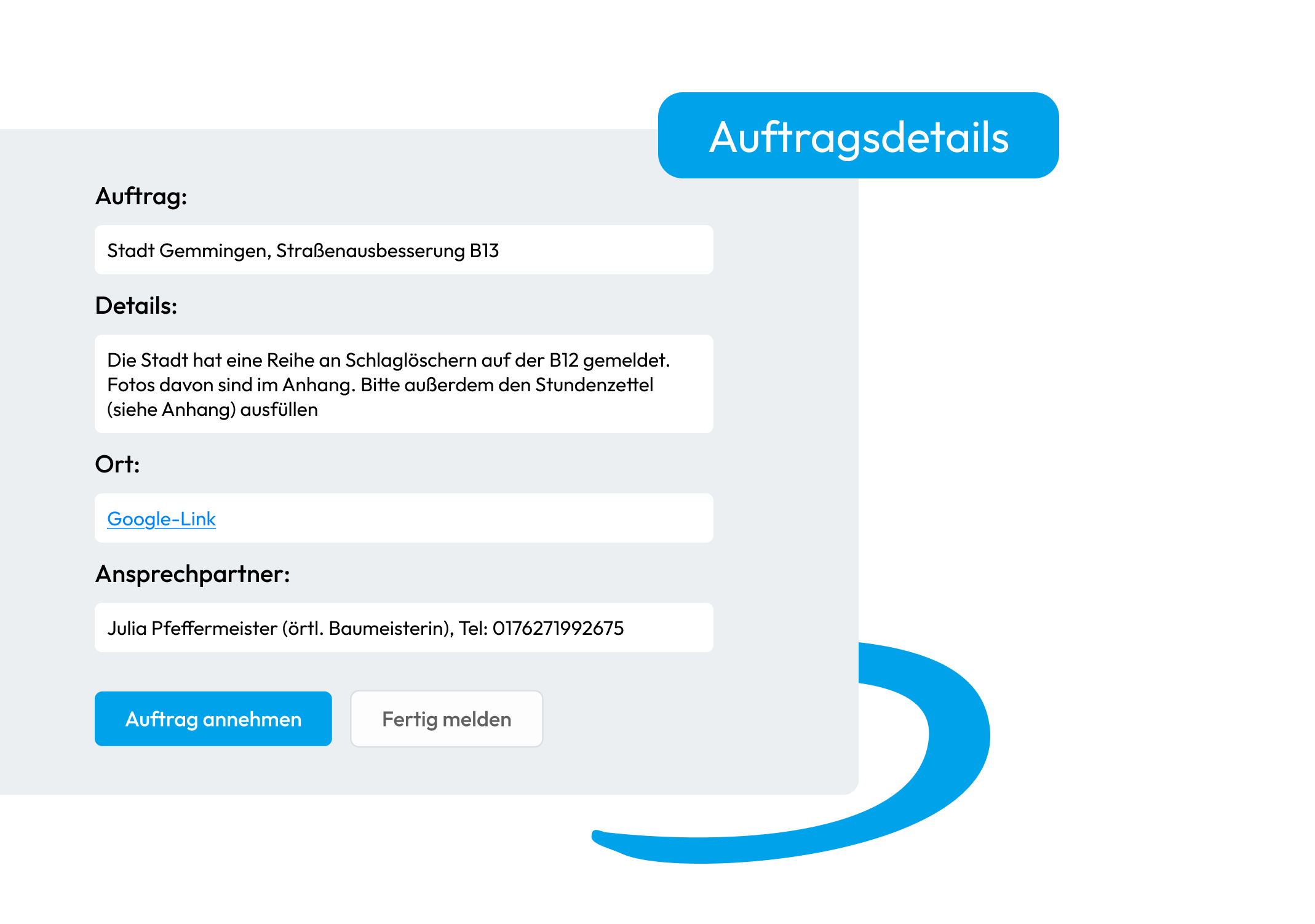 Bildschirmansicht mit vollständigen Auftragsdetails in Valoon, inklusive Auftragstitel, Beschreibung, Ort, Ansprechpartner und Aktionsbuttons.