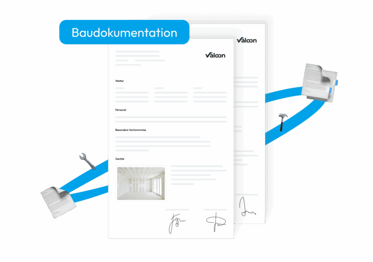 Digitale Baudokumentation in Valoon mit strukturierten Feldern für Wetter, Personal, besondere Vorkommnisse und Geräte, inklusive Fotoeinbindung.