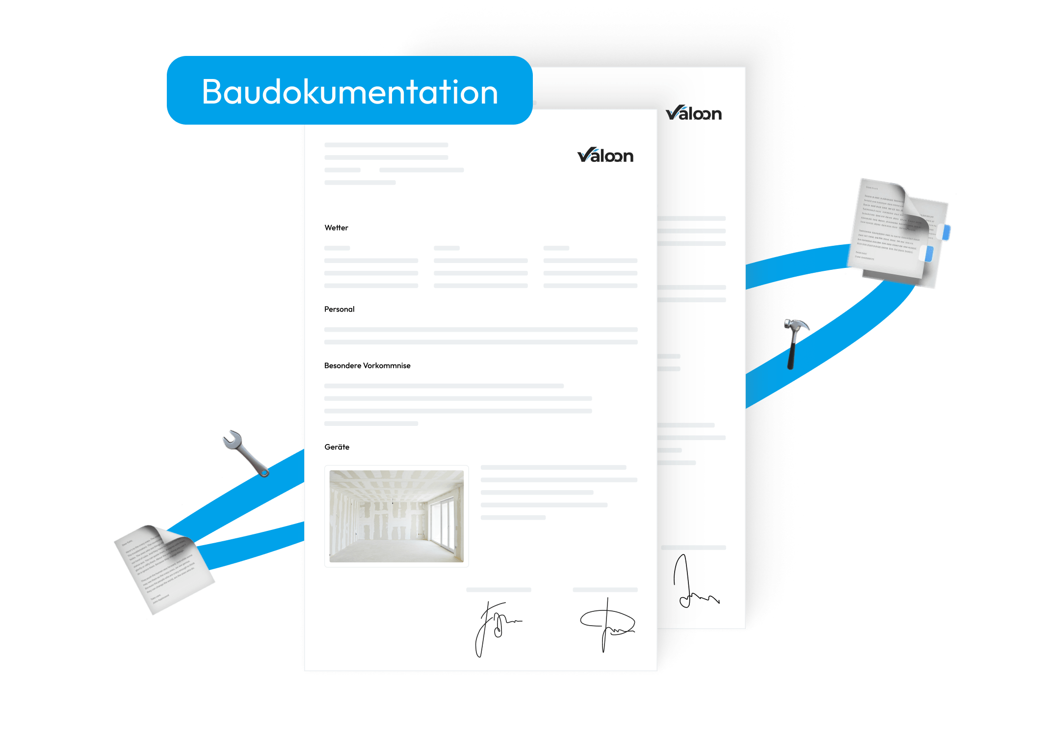 Digitale Baudokumentation in Valoon mit strukturierten Feldern für Wetter, Personal, besondere Vorkommnisse und Geräte, inklusive Fotoeinbindung.