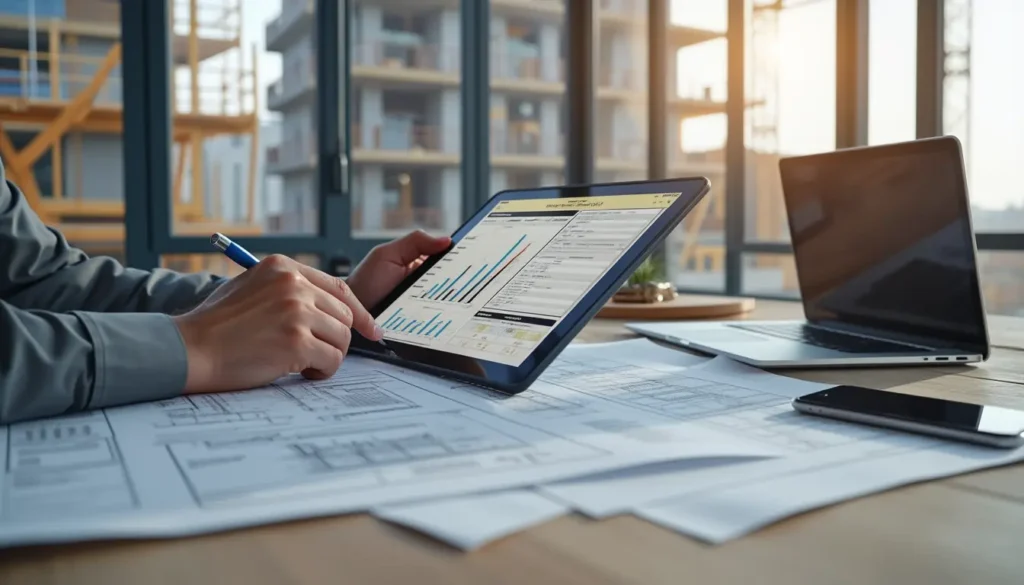 Bautagesbericht auf der Baustelle: Bauleiter erstellt digitalen Tagesbericht auf dem Tablet.