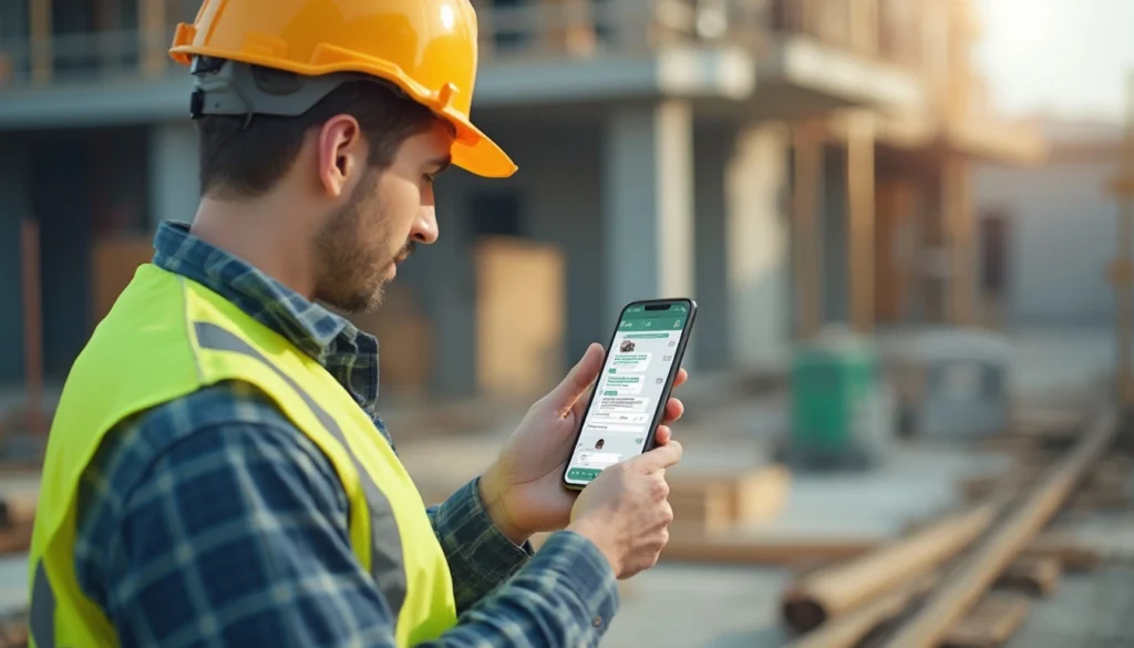 Berichte auf der Baustelle: Bauarbeiter dokumentiert den Baufortschritt per WhatsApp auf dem Smartphone.