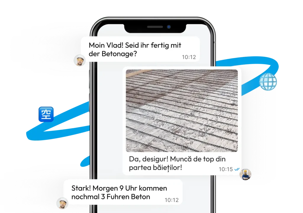 Bau-Chat auf Smartphone mit automatischer Übersetzung in Echtzeit über Valoon, Beispiel einer Baustellenkommunikation mit Foto der Bewehrung vor dem Betonieren.