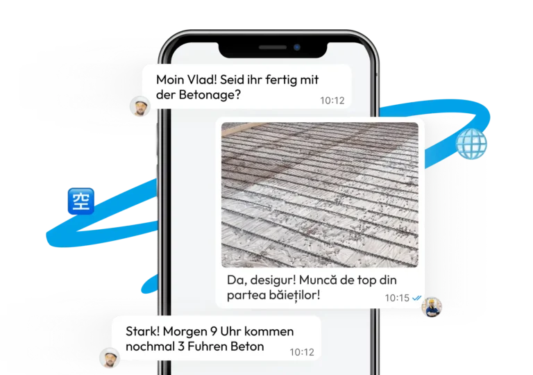 Bau-Chat auf Smartphone mit automatischer Übersetzung in Echtzeit über Valoon, Beispiel einer Baustellenkommunikation mit Foto der Bewehrung vor dem Betonieren.