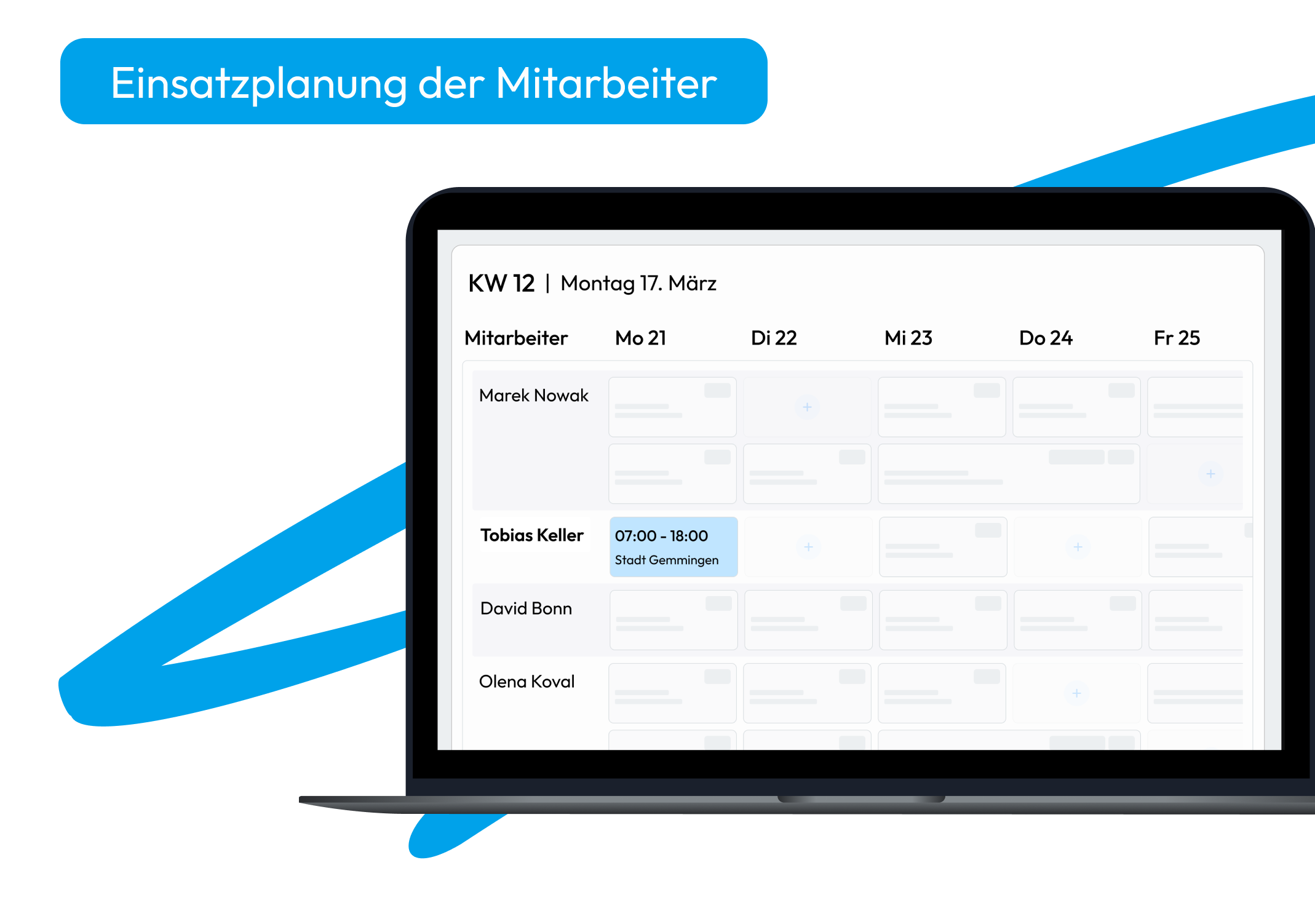Laptopansicht mit Einsatzplan der Mitarbeiter in Valoon, inklusive Tages- und Wochenübersicht mit zugewiesenen Aufträgen.
