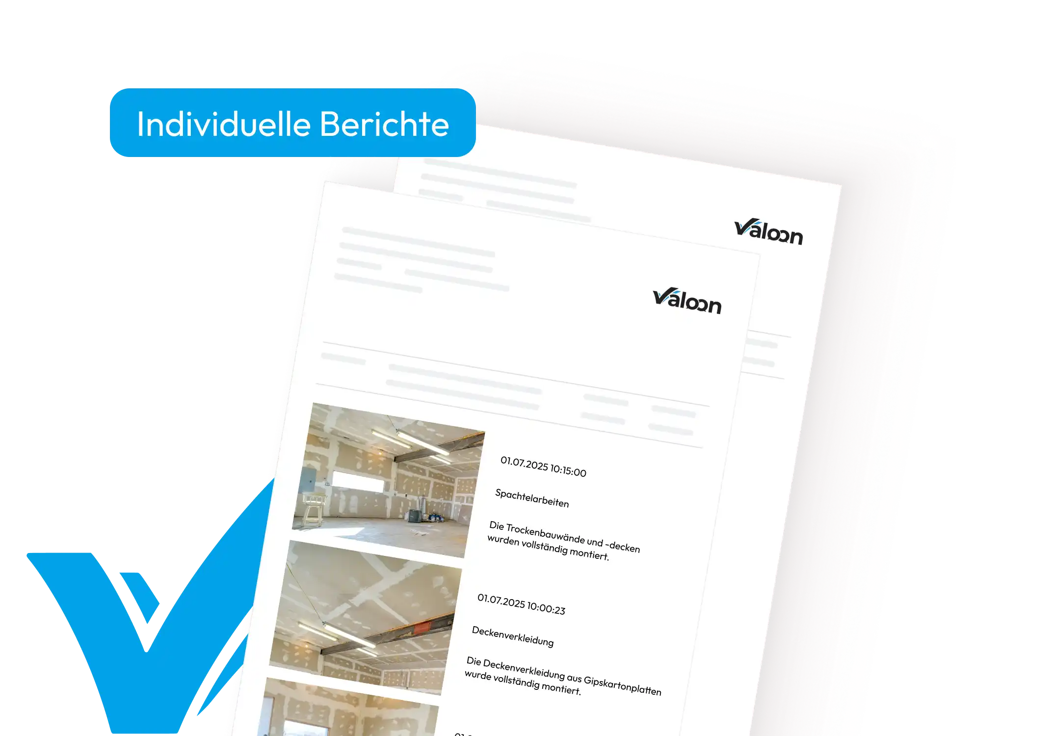 Individuelle Fotoberichte von Baustellen mit Datum, Uhrzeit und Beschreibung der Arbeiten