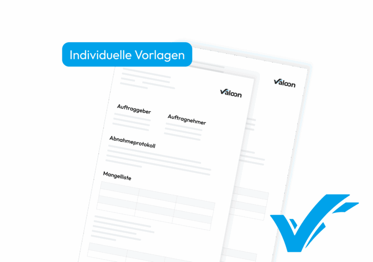 Digitale Valoon-Dokumentvorlagen für Bauprotokolle, Abnahmen und Mängellisten mit Feldern für Auftraggeber, Auftragnehmer und digitale Unterschriften.
