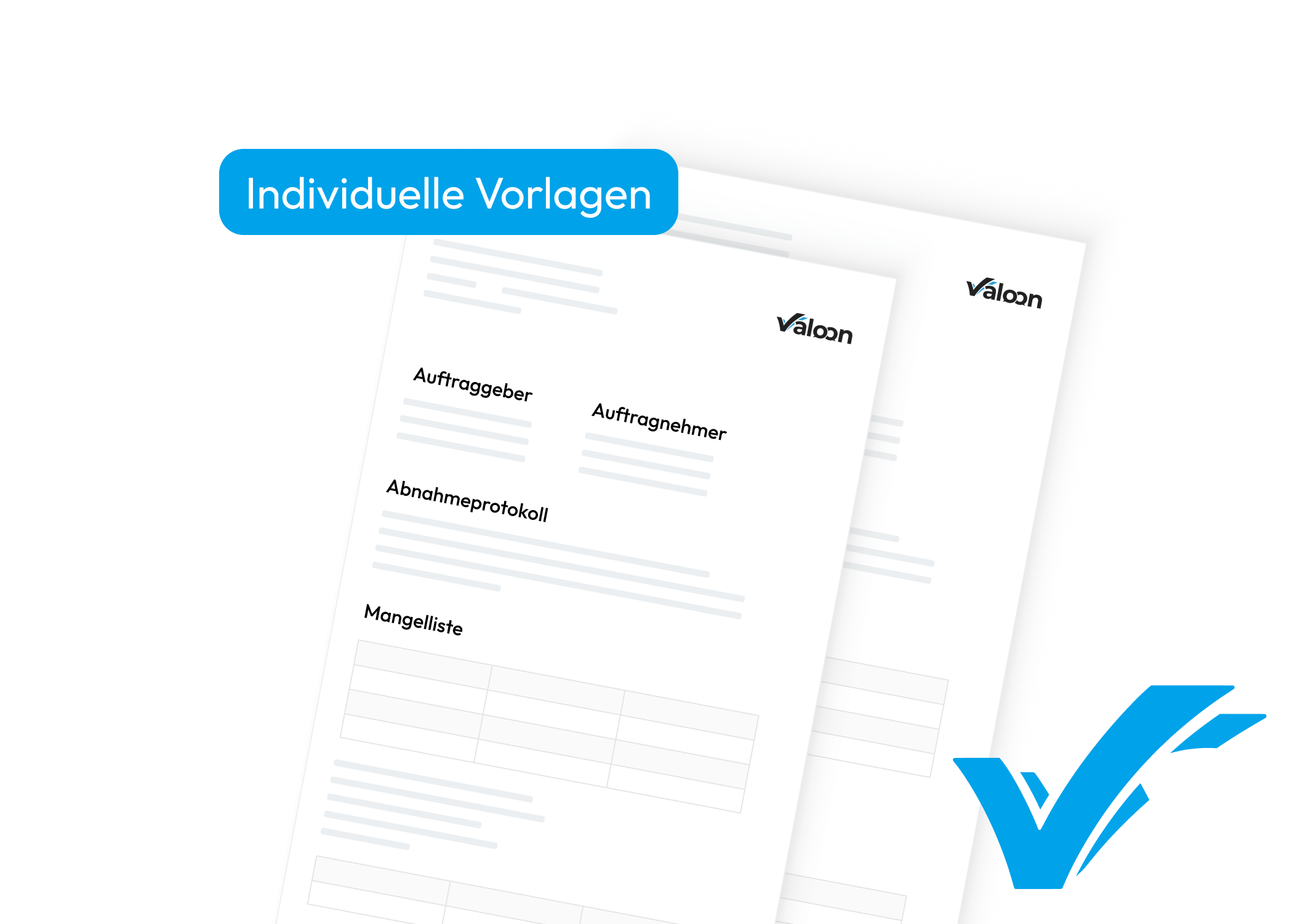 Digitale Valoon-Dokumentvorlagen für Bauprotokolle, Abnahmen und Mängellisten mit Feldern für Auftraggeber, Auftragnehmer und digitale Unterschriften.