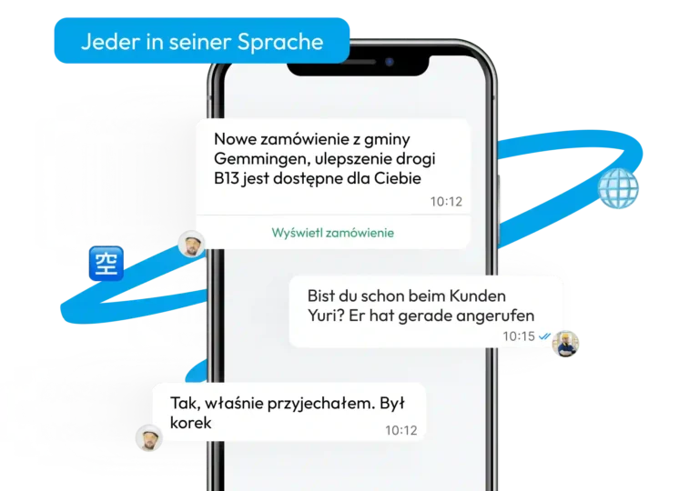 Smartphone-Chat mit automatisch übersetzten Auftrags- und Statusmeldungen in unterschiedlichen Sprachen über Valoon.