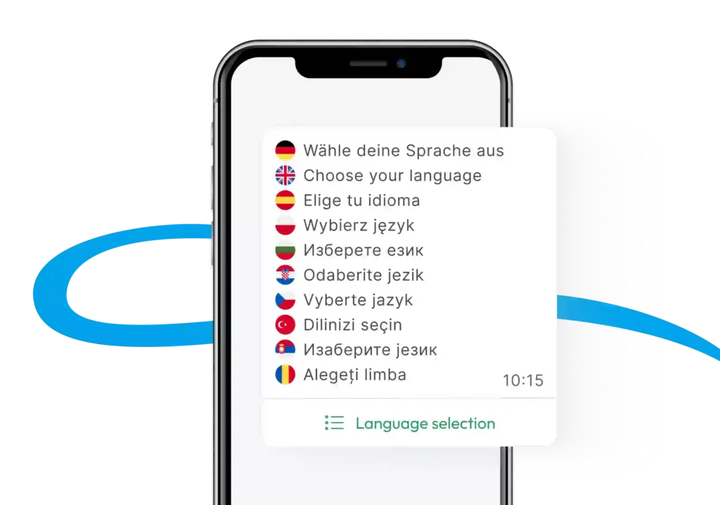 Sprachauswahlmenü auf einem Smartphone mit über 20 verfügbaren Sprachen für die automatische Übersetzung in Valoon, inklusive bauspezifischer Fachbegriffe.