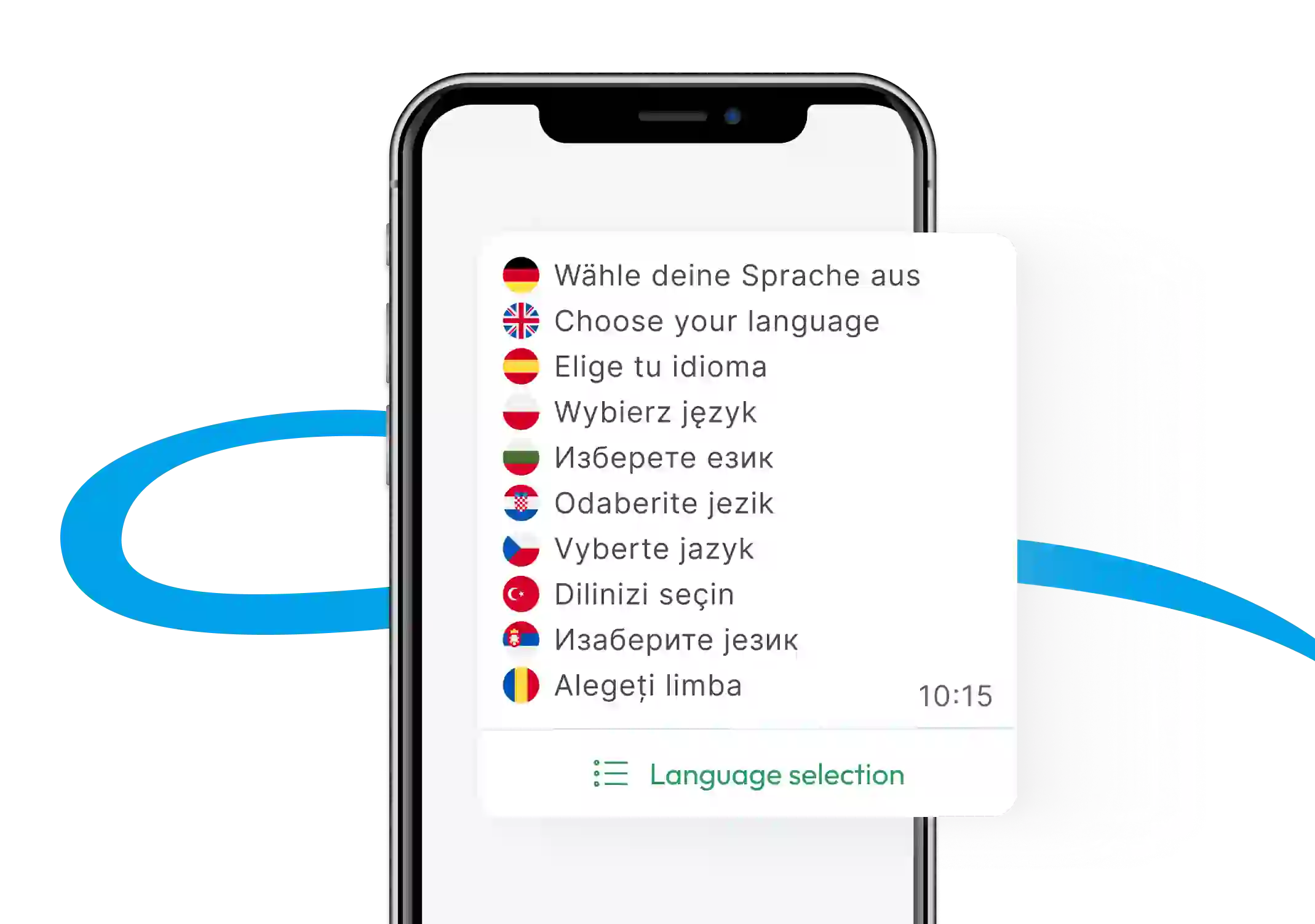 Sprachauswahlmenü auf einem Smartphone mit über 20 verfügbaren Sprachen für die automatische Übersetzung in Valoon, inklusive bauspezifischer Fachbegriffe.