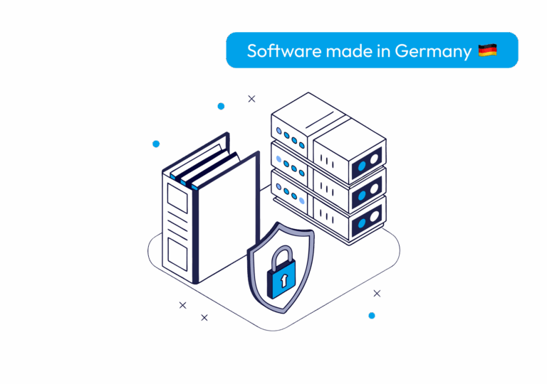 Illustration mit Ordner, Server und Sicherheitssymbol, die für rechtssichere Archivierung und deutsche Softwarequalität stehen.