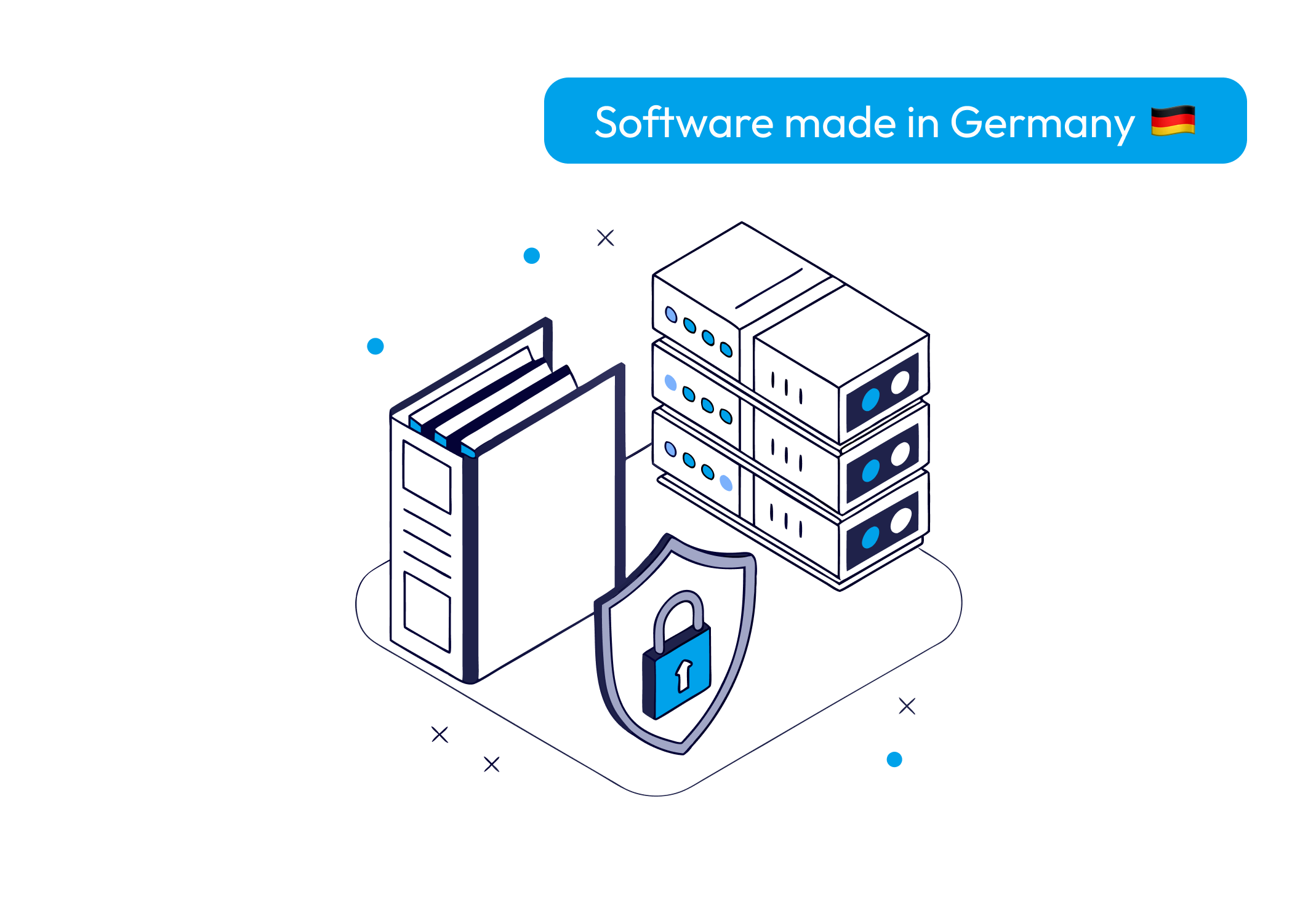 Illustration mit Ordner, Server und Sicherheitssymbol, die für rechtssichere Archivierung und deutsche Softwarequalität stehen.
