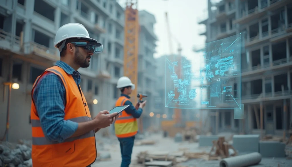 Bau Technology auf der Baustelle: Bauleiter nutzt Tablet, während digitale Werkzeuge und Sensoren den Baufortschritt unterstützen.