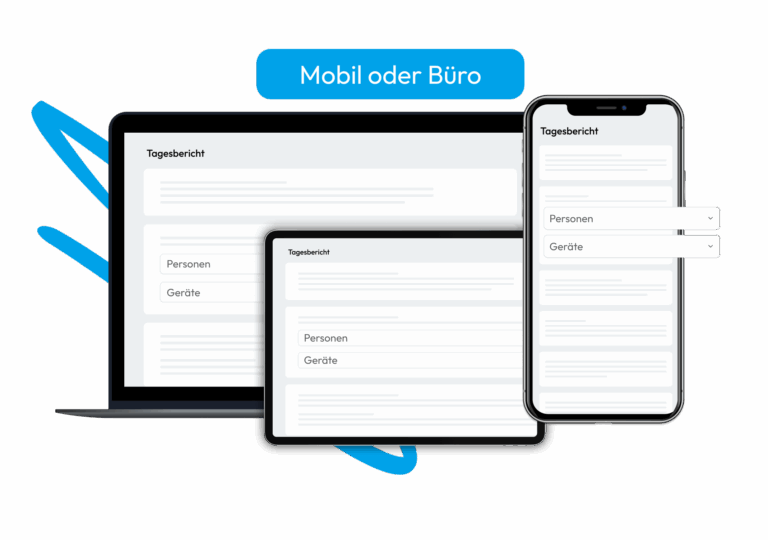 Digitale Berichte auf Laptop, Tablet und Smartphone – so flexibel wie deine Baustelle und überall nutzbar, ob mobil oder im Büro.
