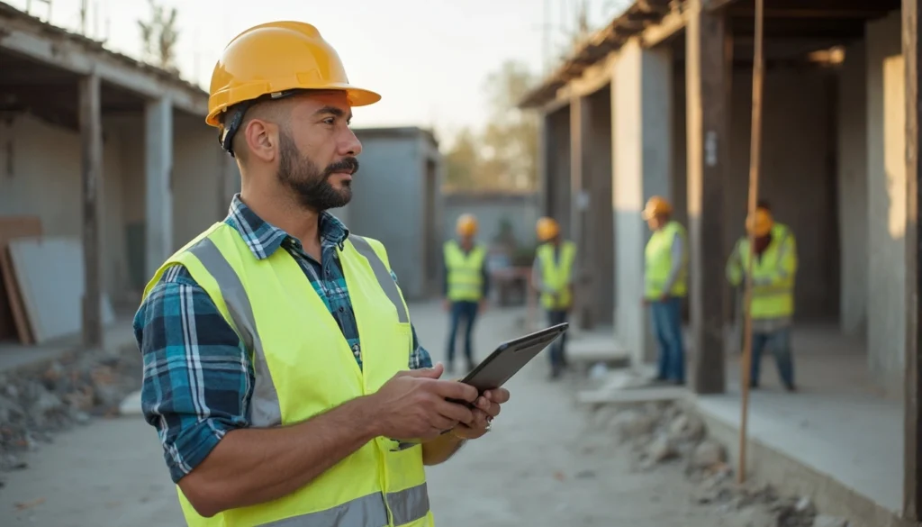 Baustellenmanagement: Bauleiter koordiniert Mitarbeitende und Abläufe direkt vor Ort mit Tablet und klarer Projektübersicht.
