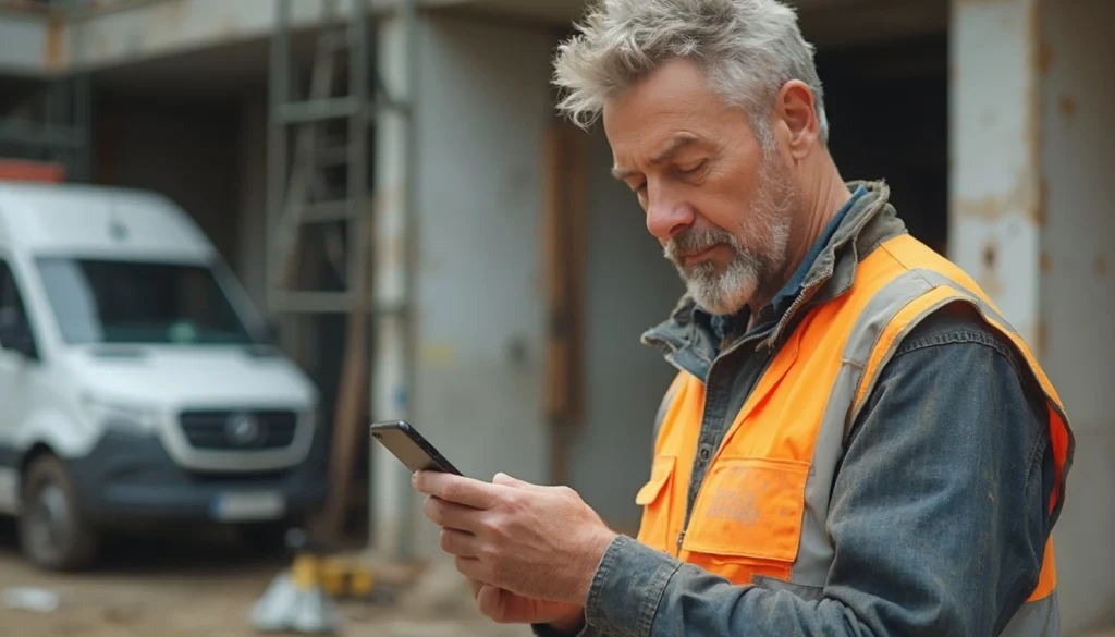 Handwerker App: Ein erfahrener Handwerker nutzt sein Smartphone auf der Baustelle, um Informationen zum Projekt digital zu erfassen.