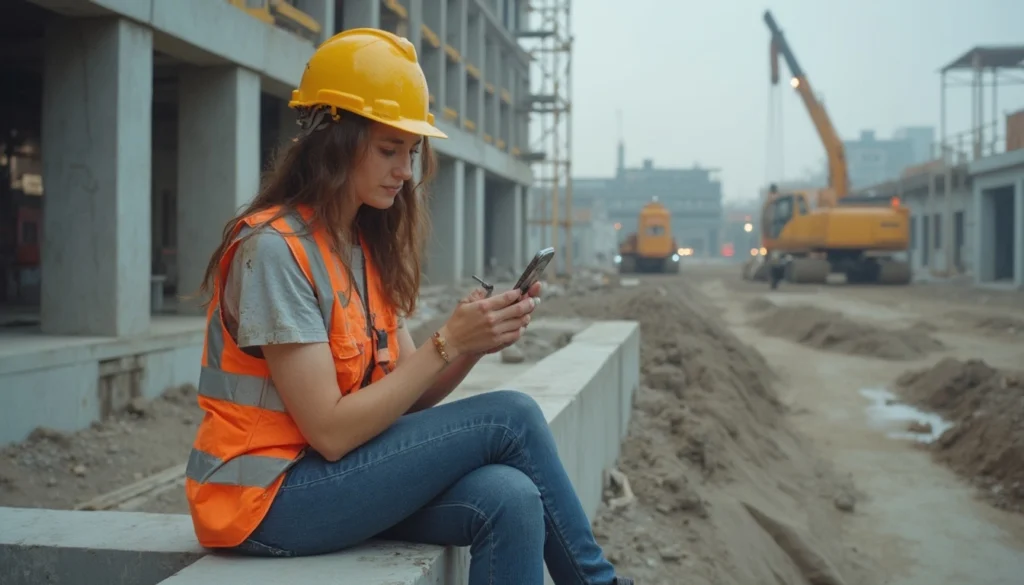 Eine Handwerkerin erfasst ihre Arbeitszeit direkt auf der Baustelle mit dem Smartphone – digitale Zeiterfassung in realer Umgebung.