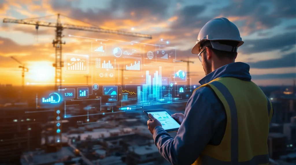 Bauleiter mit Tablet und digitalen Daten-Overlays auf einer Baustelle – Symbol für digitales Baumanagement und moderne Projektsteuerung.